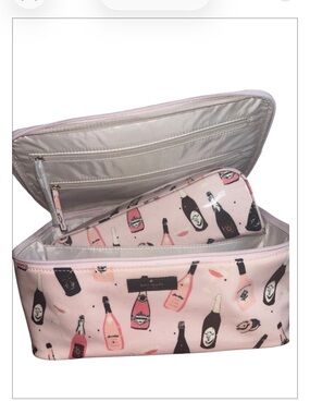 kate spade NWT Pink Champagne Toss Bottle Print Cosmetic Bag 2pc Set